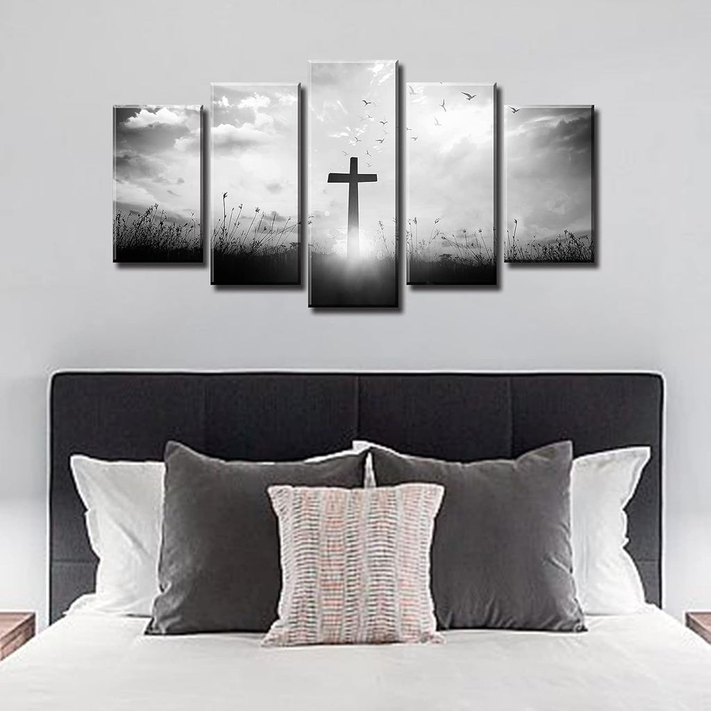 Christian Wall Art for Living Room Black and White Church Wall Decor Religious Jesus Crosses Spiritual Canvas Prints Modern Home Dining Room Decorations 40" W X 22" H 5 Pieces