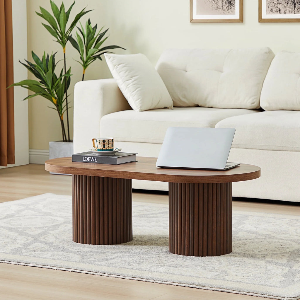 Oval Fluted Coffee Table, Farmhouse Wood Coffee Table Mid Century Modern Center Table Boho Living Room Tables for Living Room Office (Walnut)