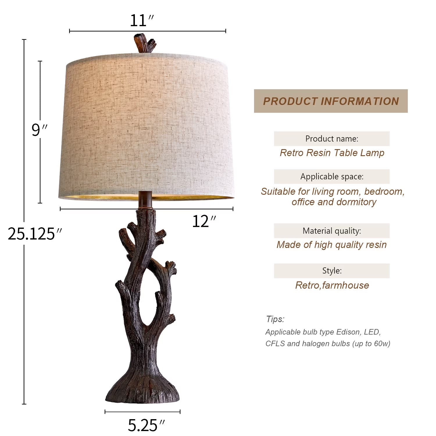 Farmhouse Brown Resin Table Lamp Set of 2 for Living Room Bedroom 25.125" Rustic Nightstand Bedside Lamps with Lamp Shades