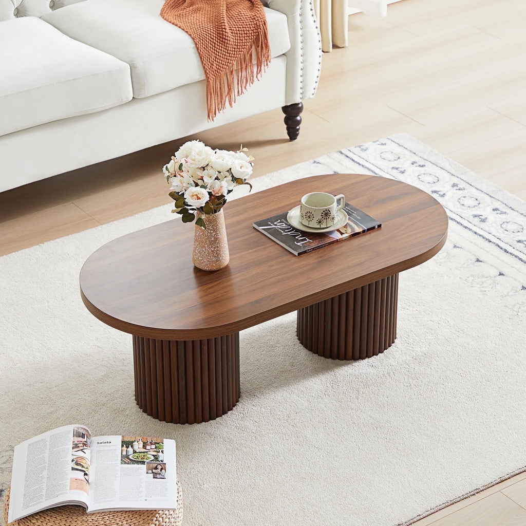 Oval Fluted Coffee Table, Farmhouse Wood Coffee Table Mid Century Modern Center Table Boho Living Room Tables for Living Room Office (Walnut)