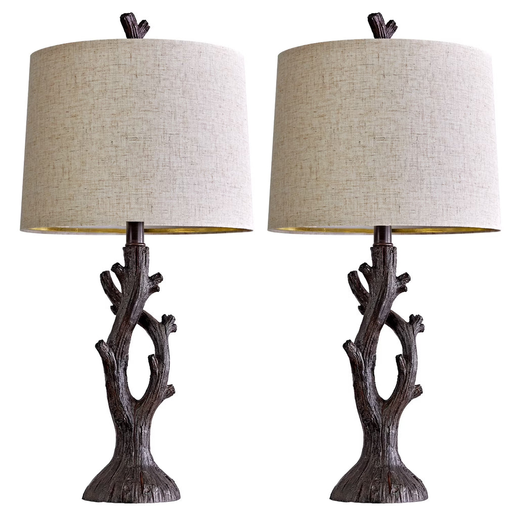 Farmhouse Brown Resin Table Lamp Set of 2 for Living Room Bedroom 25.125" Rustic Nightstand Bedside Lamps with Lamp Shades