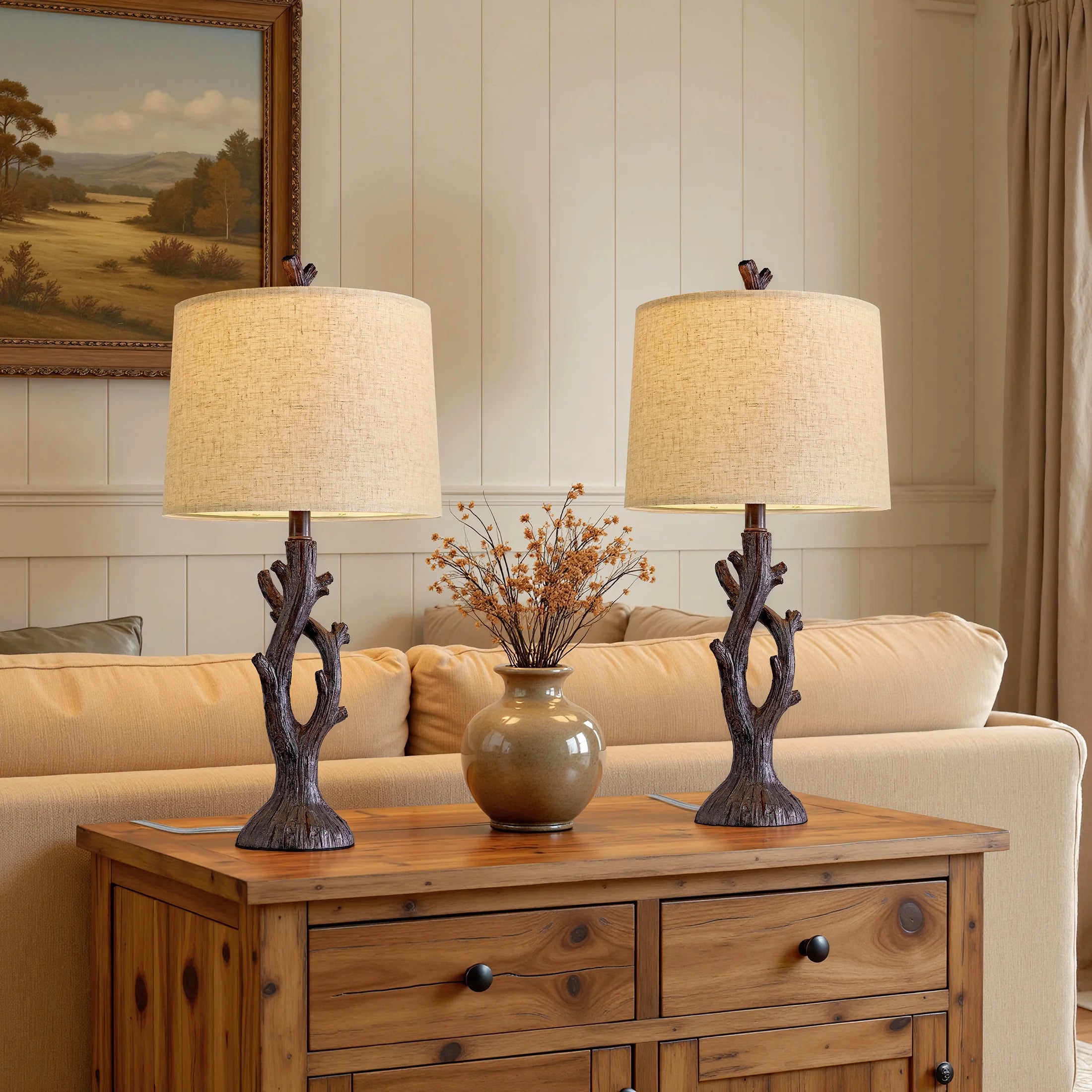 Farmhouse Brown Resin Table Lamp Set of 2 for Living Room Bedroom 25.125" Rustic Nightstand Bedside Lamps with Lamp Shades