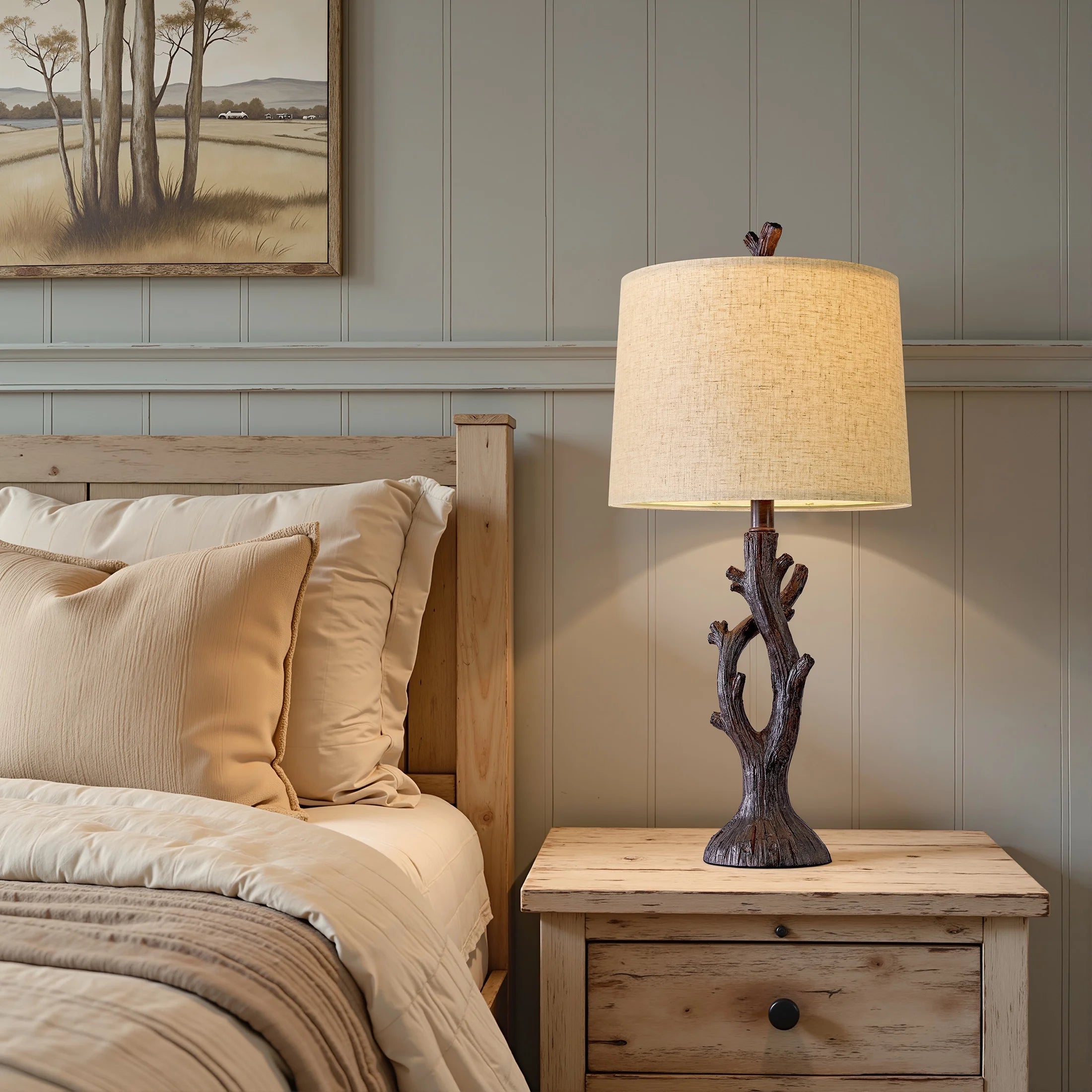 Farmhouse Brown Resin Table Lamp Set of 2 for Living Room Bedroom 25.125" Rustic Nightstand Bedside Lamps with Lamp Shades