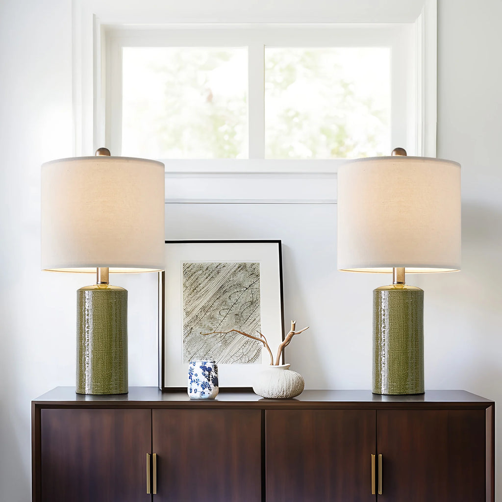 Modern Table Lamp Set of 2 for Living Room 20.25" Farmhouse Green Ceramic Bedside Nightstand Lamps for Bedroom