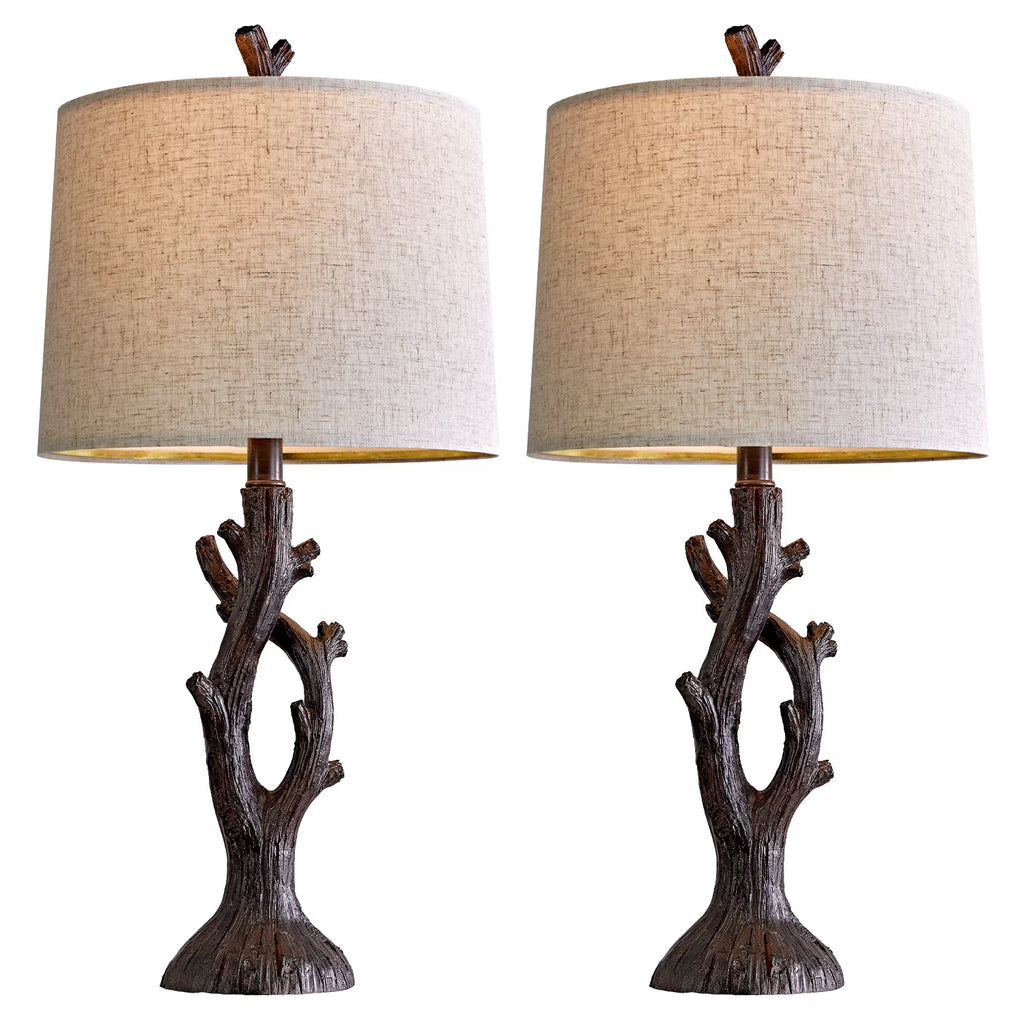 Farmhouse Brown Resin Table Lamp Set of 2 for Living Room Bedroom 25.125" Rustic Nightstand Bedside Lamps with Lamp Shades