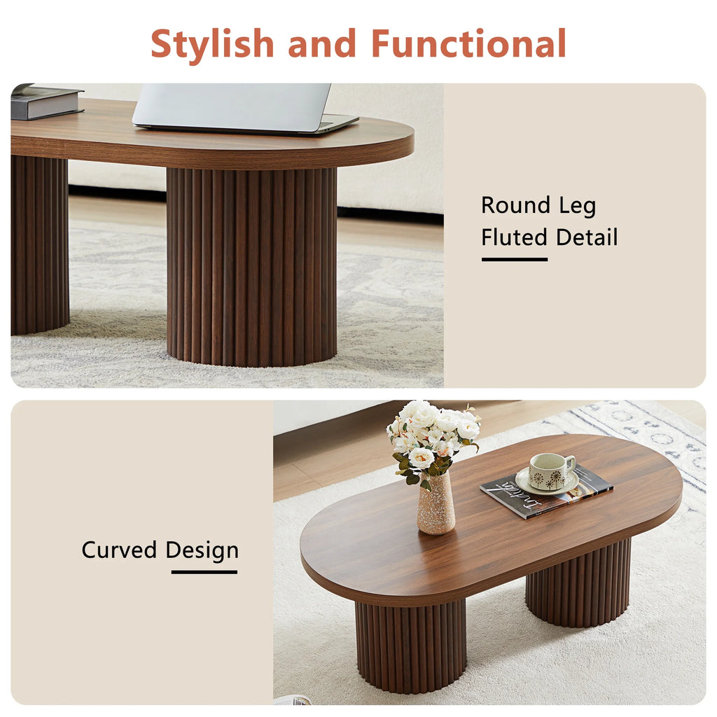 Oval Fluted Coffee Table, Farmhouse Wood Coffee Table Mid Century Modern Center Table Boho Living Room Tables for Living Room Office (Walnut)