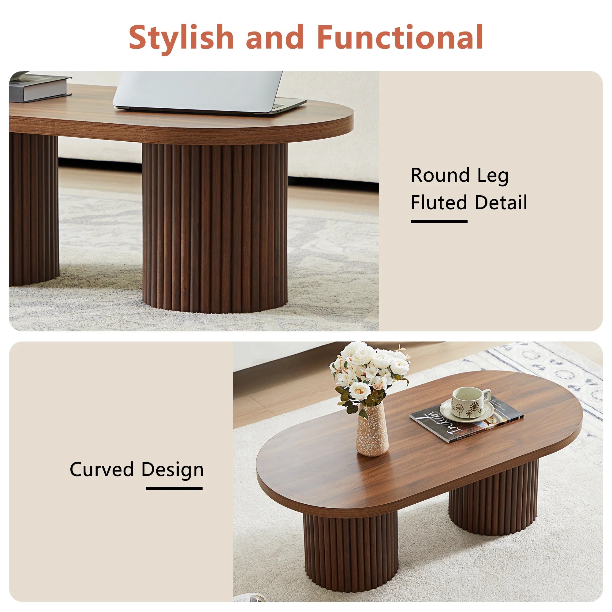 Oval Fluted Coffee Table, Farmhouse Wood Coffee Table Mid Century Modern Center Table Boho Living Room Tables for Living Room Office (Walnut)
