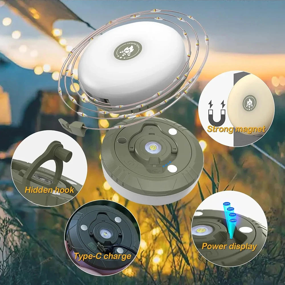 LED Camping Lamp with Reel Strip Light Atmosphere Lights 10M Recyclable Light Belt Outdoor Garden Decoration Lamp for Tent Room
