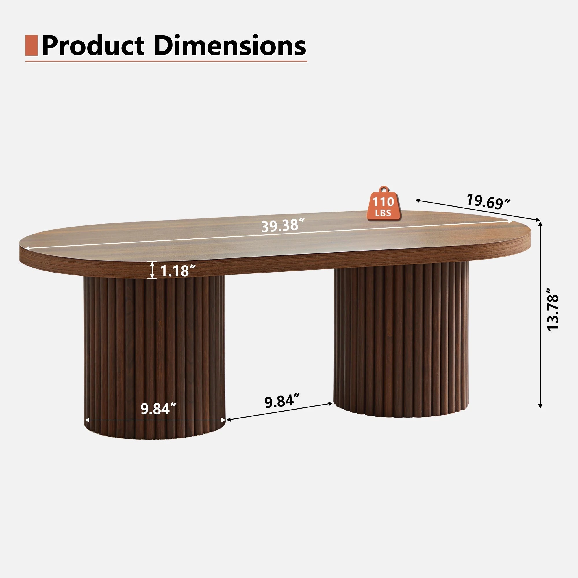 Oval Fluted Coffee Table, Farmhouse Wood Coffee Table Mid Century Modern Center Table Boho Living Room Tables for Living Room Office (Walnut)