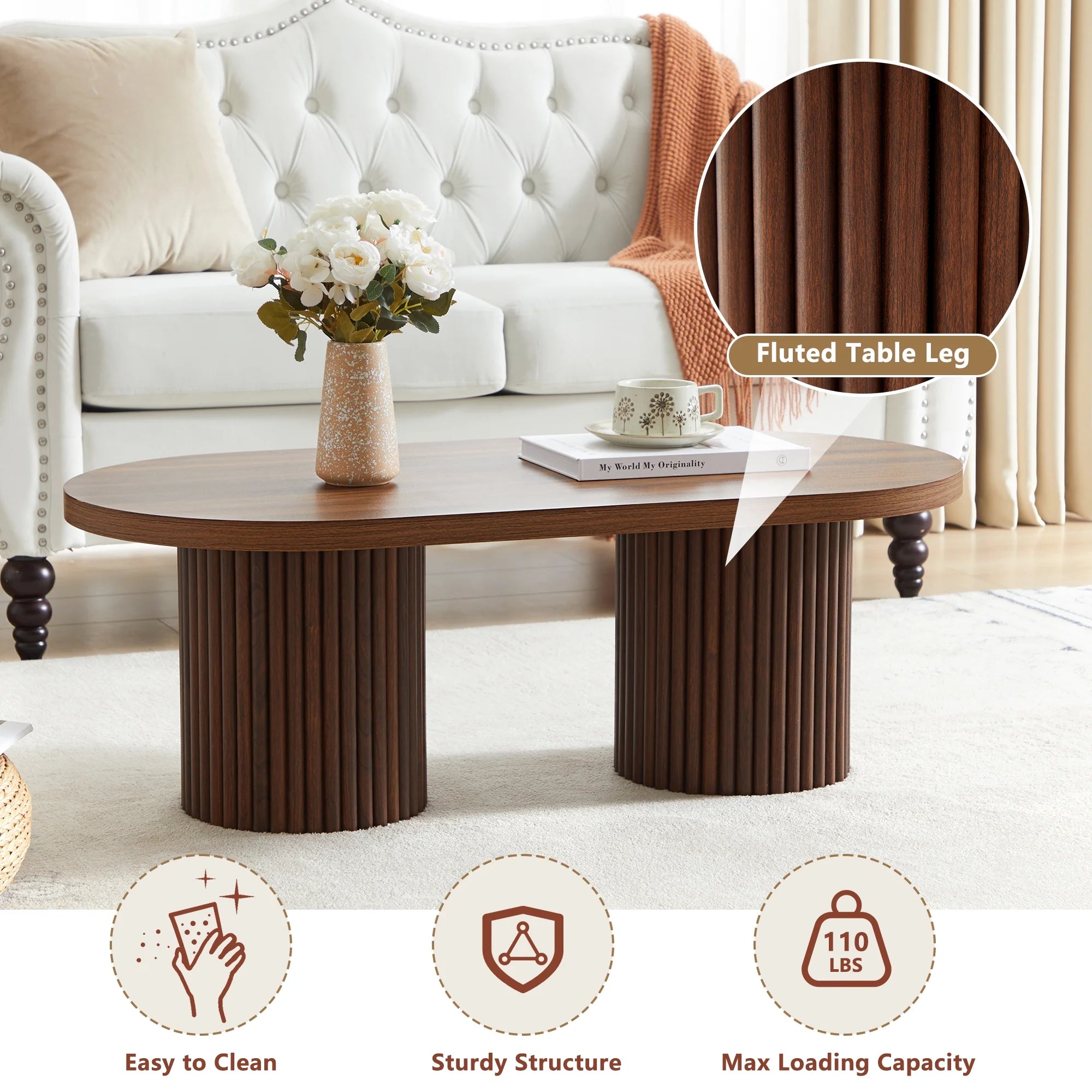 Oval Fluted Coffee Table, Farmhouse Wood Coffee Table Mid Century Modern Center Table Boho Living Room Tables for Living Room Office (Walnut)