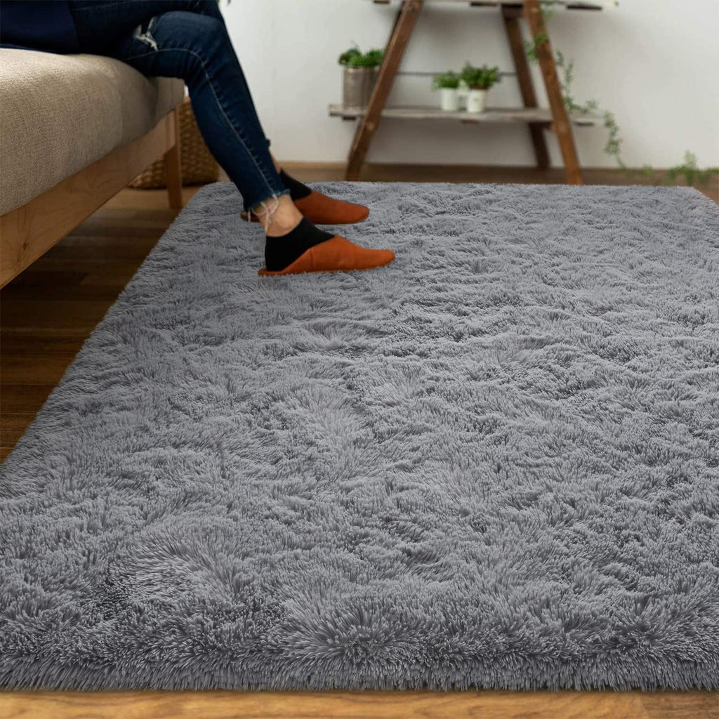 Fluffy Grey Rugs for Bedroom Living Room, 4X6 Feet Soft Plush Shaggy Light Gray Girls Boys Kids Rug, Non-Slip and Machine Washable Carpet for Dorm Nursery Classroom Decor
