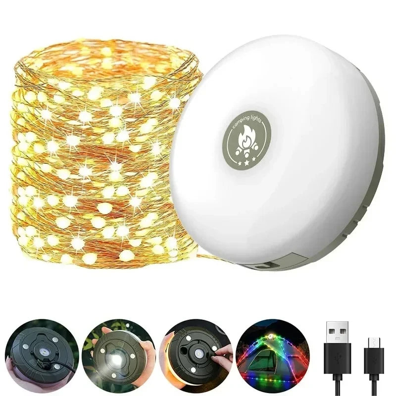 LED Camping Lamp with Reel Strip Light Atmosphere Lights 10M Recyclable Light Belt Outdoor Garden Decoration Lamp for Tent Room
