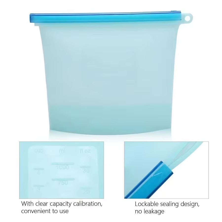 1000Ml Reusable Silicone Food Grade Storage Bag Lunch Sandwich Snack Liquid Lunch Fruit Freezer Zip Seal Bags 4 Colors