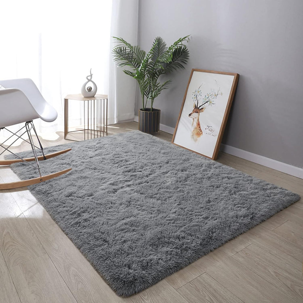 Fluffy Grey Rugs for Bedroom Living Room, 4X6 Feet Soft Plush Shaggy Light Gray Girls Boys Kids Rug, Non-Slip and Machine Washable Carpet for Dorm Nursery Classroom Decor