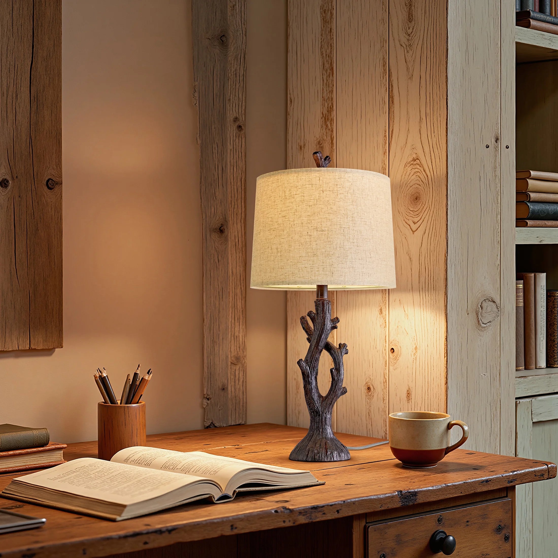 Farmhouse Brown Resin Table Lamp Set of 2 for Living Room Bedroom 25.125" Rustic Nightstand Bedside Lamps with Lamp Shades