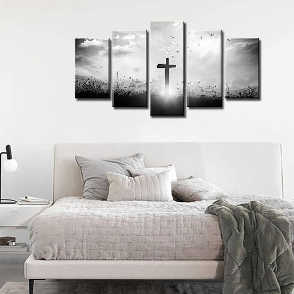 Christian Wall Art for Living Room Black and White Church Wall Decor Religious Jesus Crosses Spiritual Canvas Prints Modern Home Dining Room Decorations 40" W X 22" H 5 Pieces