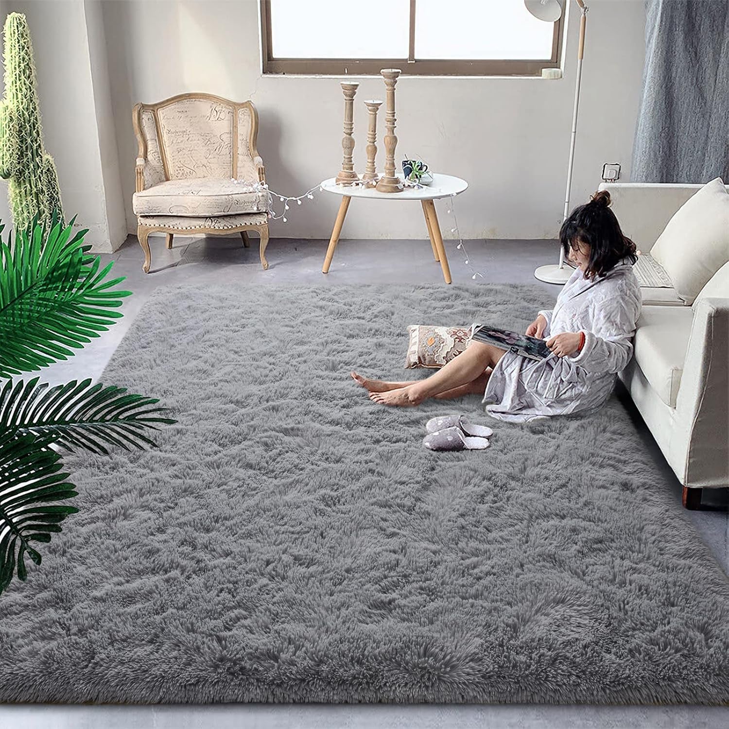 Fluffy Grey Rugs for Bedroom Living Room, 4X6 Feet Soft Plush Shaggy Light Gray Girls Boys Kids Rug, Non-Slip and Machine Washable Carpet for Dorm Nursery Classroom Decor