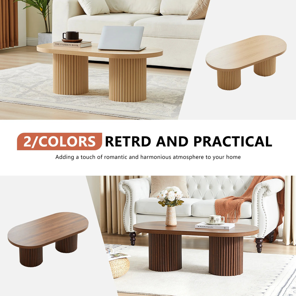 Oval Fluted Coffee Table, Farmhouse Wood Coffee Table Mid Century Modern Center Table Boho Living Room Tables for Living Room Office (Walnut)